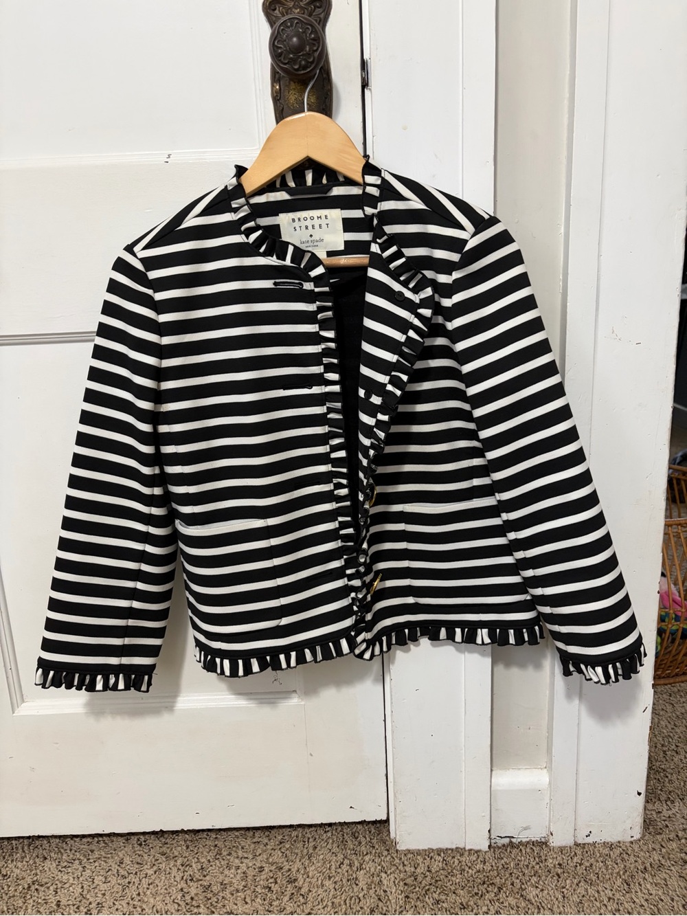 kate spade Black and White Striped Ruffle Trim Blazer